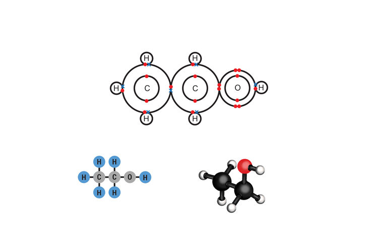 Ethanol molecular structure has 2 carbon atom 1 oxygen atom and 6 hydrogens